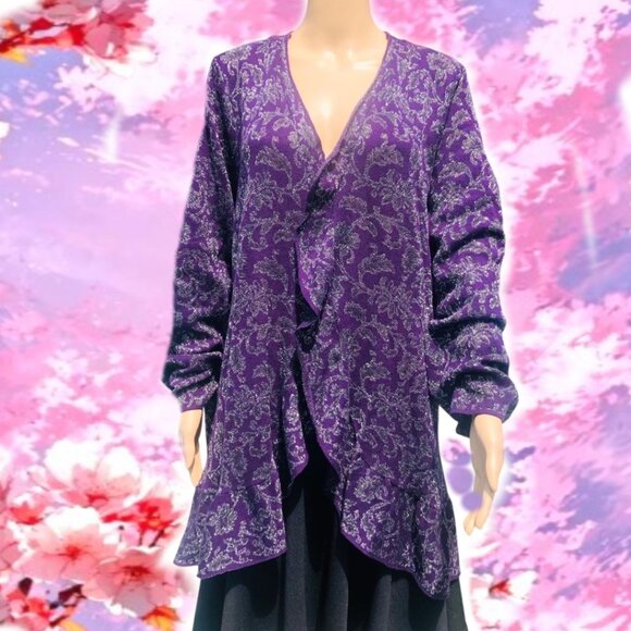CATHERINES Cascade Open Front Purple Silver Floral Pattern Cardigan Sz 2X NEW - Picture 2 of 4